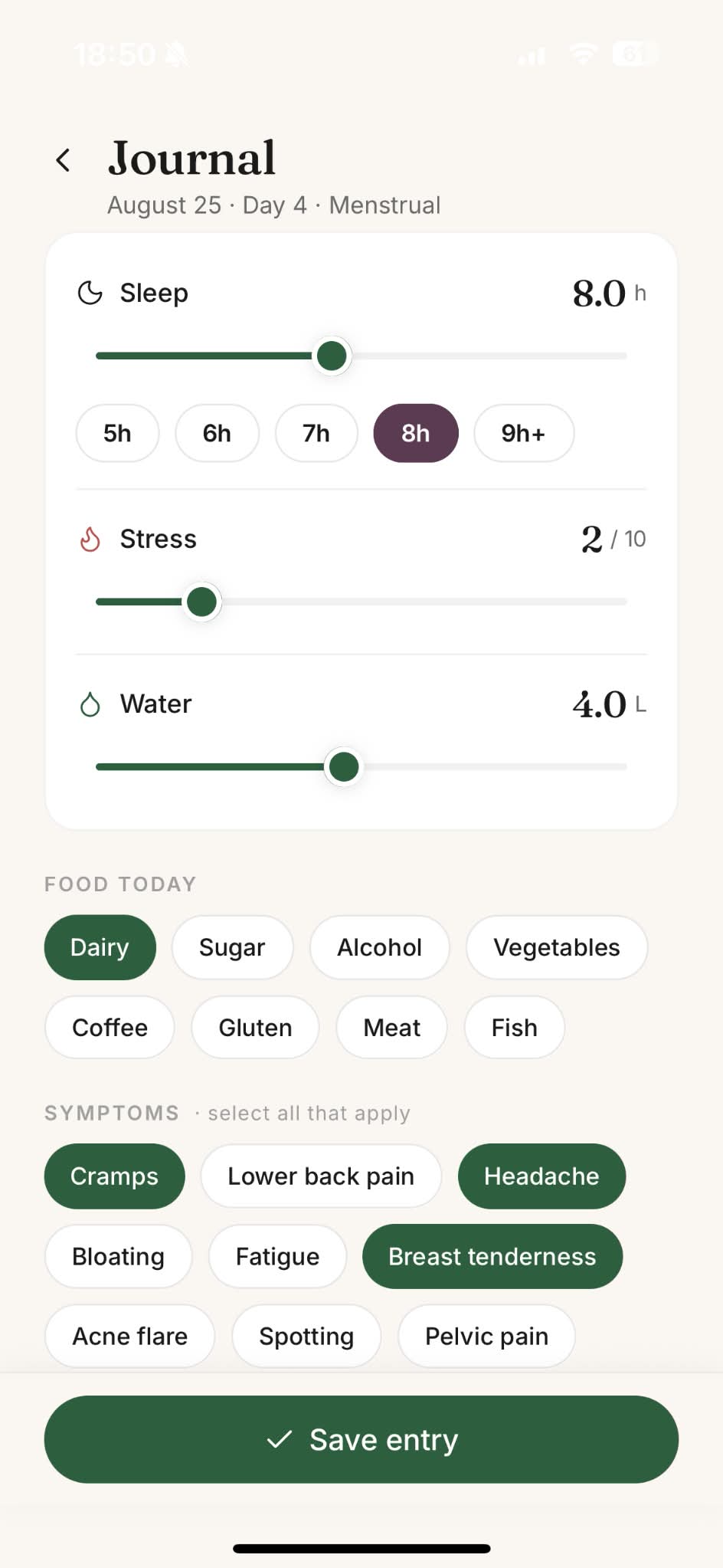 Daily log — food, sleep, stress, mood